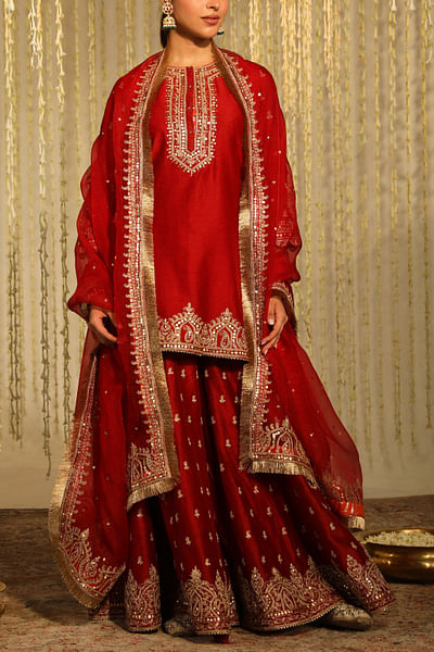 Deep red paisley embroidery sharara set