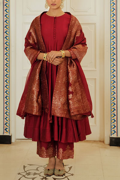 Deep red self-woven anarkali set