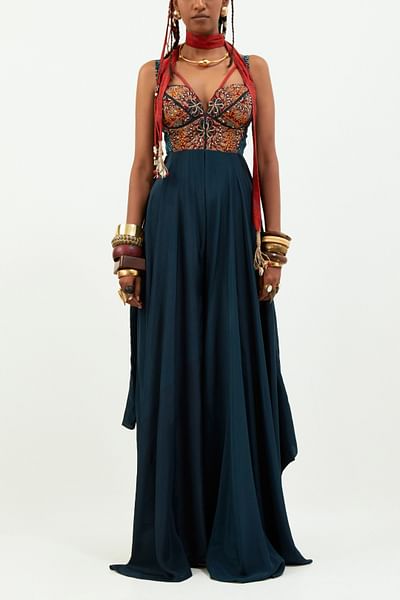 Deep teal embroidered jumpsuit