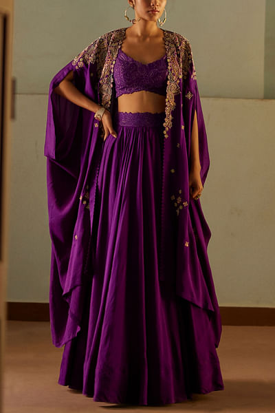 Deep violet paisley embroidered cape set