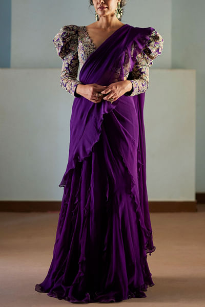Deep violet zardozi embroidered ruffle sari set