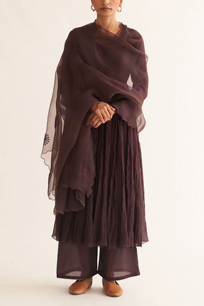Deep wine motif embroidery organza dupatta