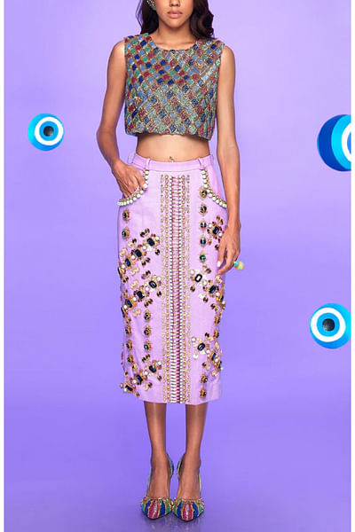 Denim 3D embellished skirt set