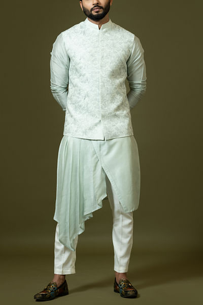 Dusky green tonal embroidery Nehru kurta set