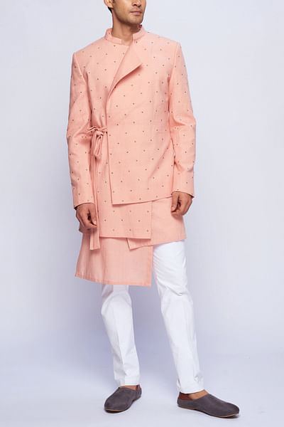 Dusky pink asymmetric cotton bandhgala set