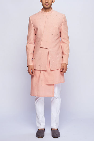 Dusky pink asymmetric embroidered bandhgala set