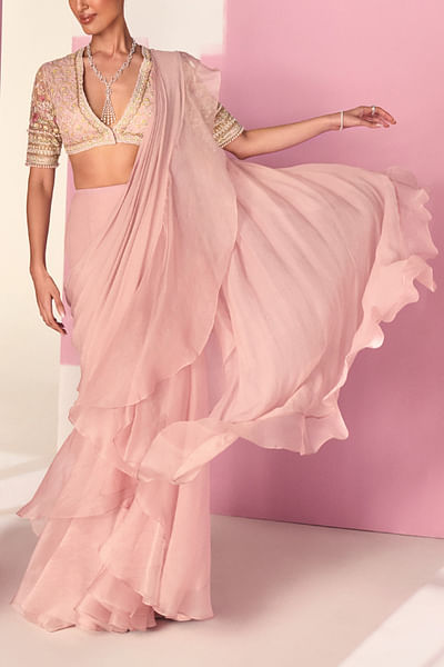 Dusky pink draped ruffled sari set