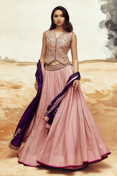 Dusky pink embroidered koti and lehenga set