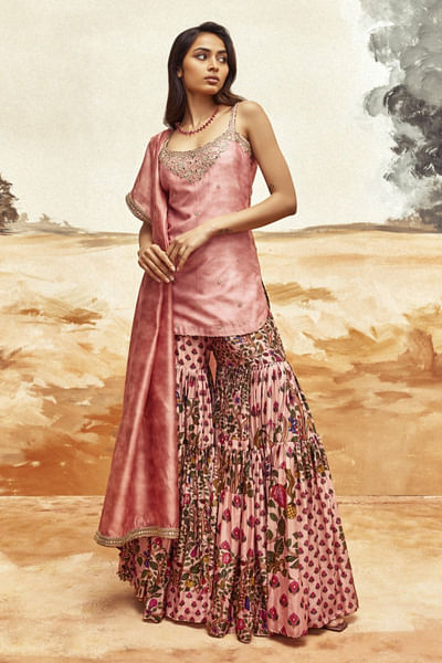 Dusky pink floral print gharara set