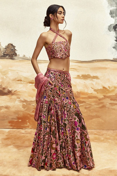 Dusky pink floral print lehenga set
