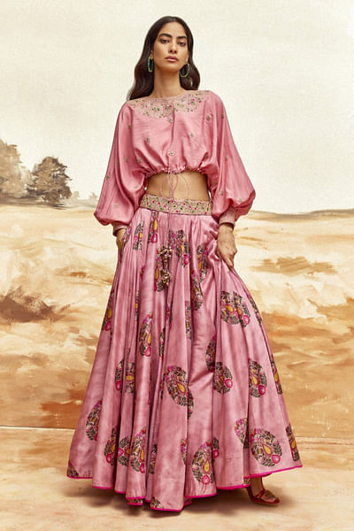 Dusky pink floral printed lehenga and crop top
