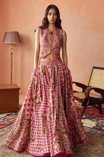 Dusky pink floral printed lehenga and koti set