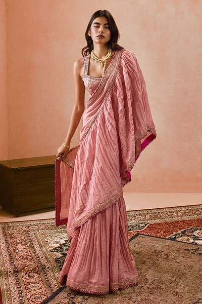 Dusky pink marodi embroidered draped sari set