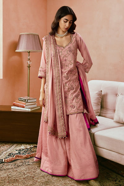 Dusky pink rose embroidered kurta sharara set