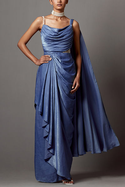 Dust blue satin sari gown