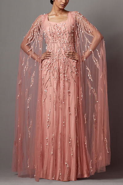 Dust rose embroideredcape gown