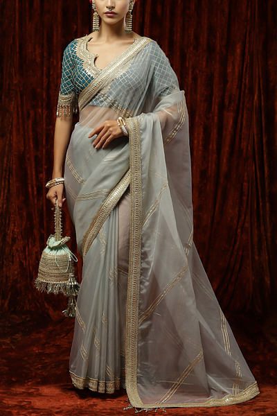 Dusty blue gota embellished organza sari