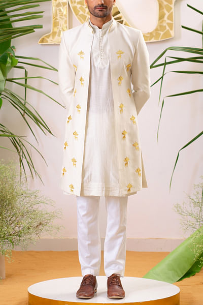 Dusty ivory motifs embroidered sherwani set
