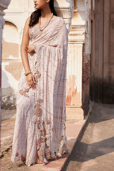 Dusty ivory mukaish embroidery sari set