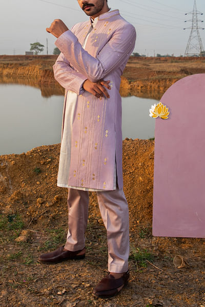 Dusty lilac pearl and cutdana embellished sherwani set