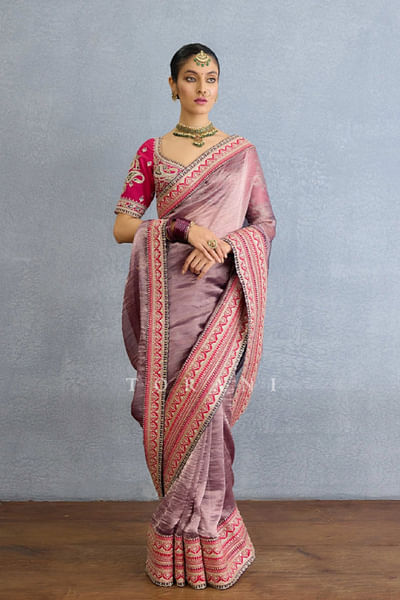 Dusty mauve dori and dabka embroidery sari set