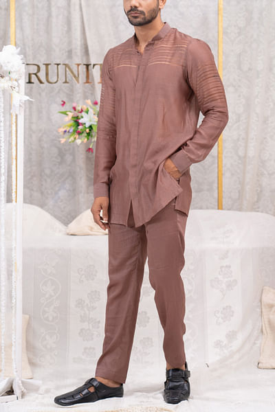 Dusty onion pulled thread work short shirt kurta set