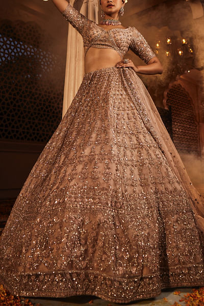 Dusty peach zardozi and sequin embroidered lehenga set