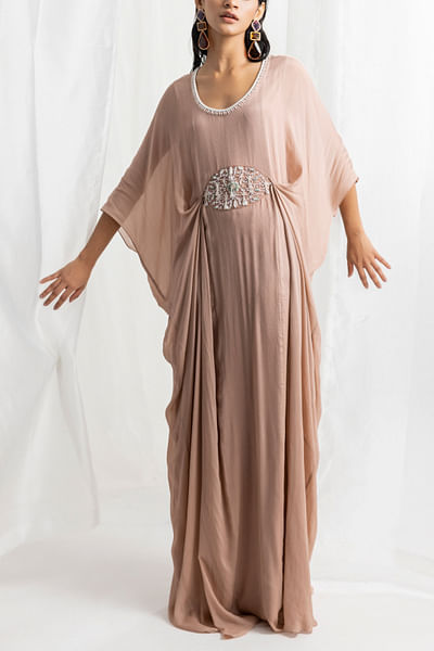 Dusty pink crystal and bead embellished draped kaftan