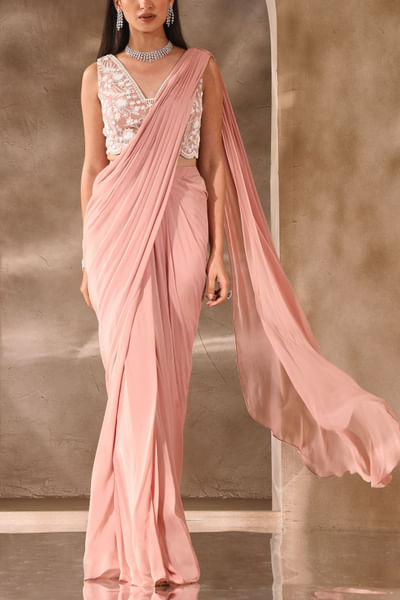 Dusty pink embellished pre-stitched sari set