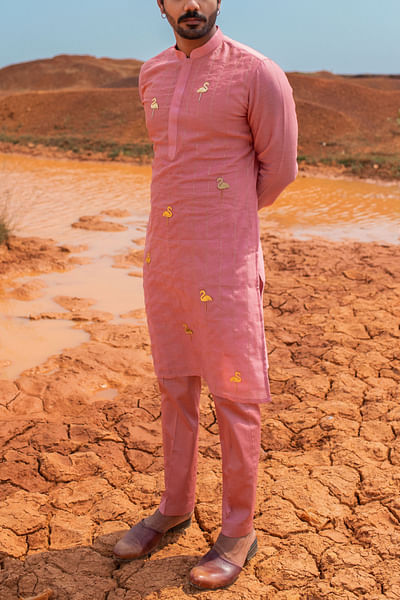 Dusty pink flamingo motif embroidery kurta set