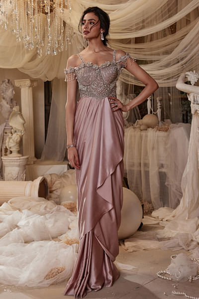 Dusty pink floral embroidered drape gown
