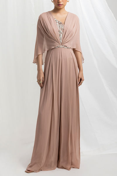 Dusty pink pearl and bead embellished draped jumpsuit