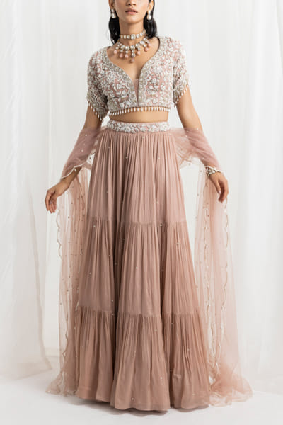 Dusty pink pearl and bead embellished tiered lehenga set