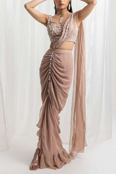 Dusty pink pearl embellished ruffle pre-stitched draped sari set