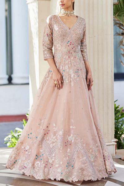 Dusty rose aari and french knot embroidered gown
