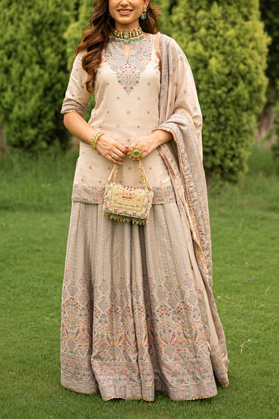 Ecru floral woven sharara set