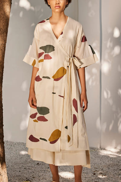 Ecru terracotta print wrap co-ords