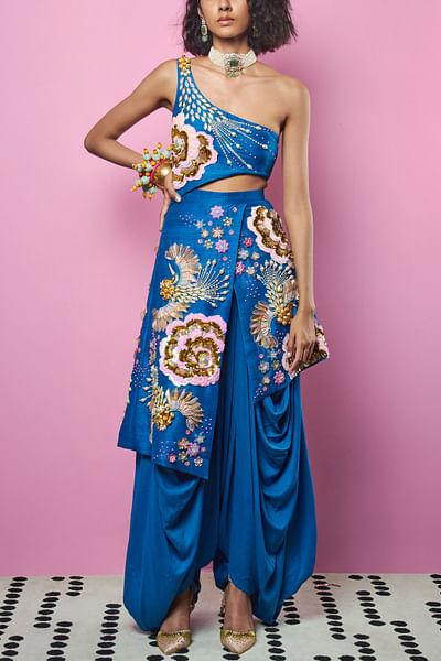 Electric blue 3D embroidery dhoti jumpsuit