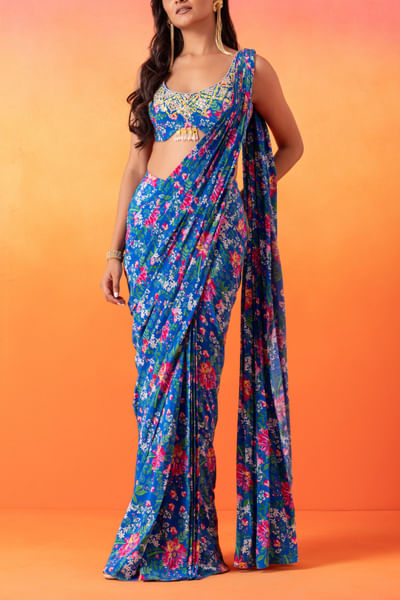 Electric blue floral print pre-draped saree set