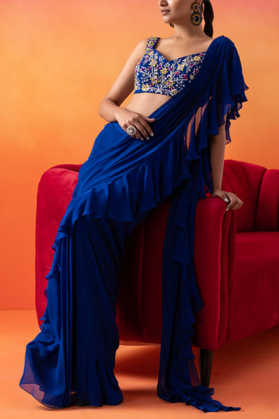 Electric blue pre-draped ruffle saree set