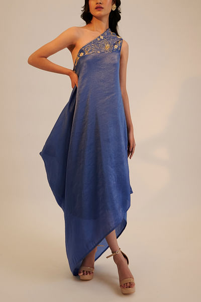 Electric blue sequin embroidered draped tunic