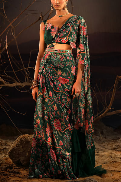 Emerald floral print saree set