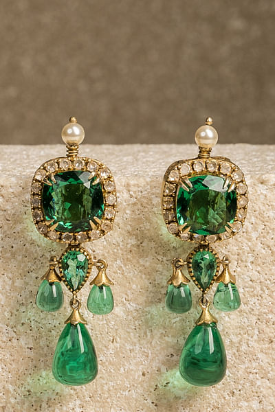 Emerald glass stone embellished drop earrings