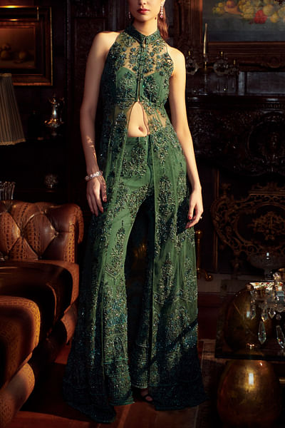 Emerald green floral embroidered co-ords