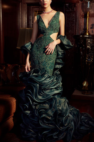 Emerald green floral embroidery gown