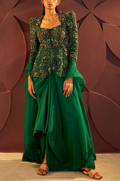Emerald green floral embroidery jacket set