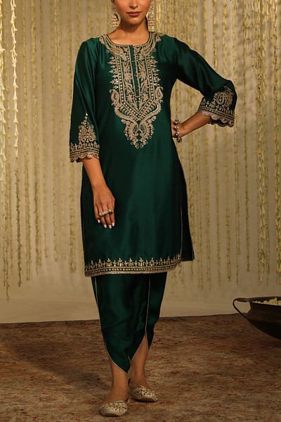 Emerald green floral embroidery kurta set