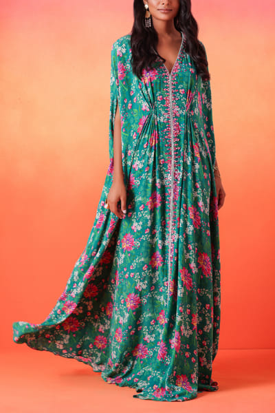 Emerald green floral print kaftan