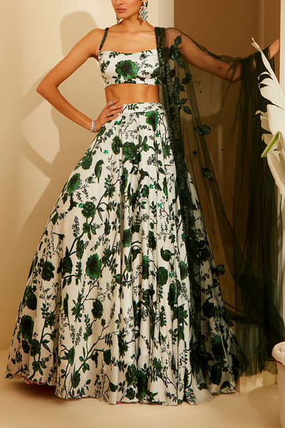 Emerald green floral print lehenga set