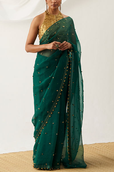 Emerald green ghungroo embellished sari set